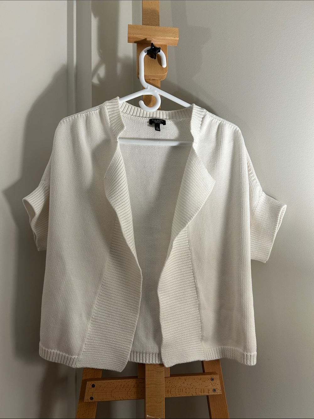 Talbots White Open-Front 100% Cotton Short Sleeve Knit Cardigan Size L